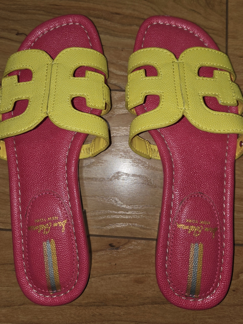 Sam Edelman Pink Slide Sandals with Yellow Straps